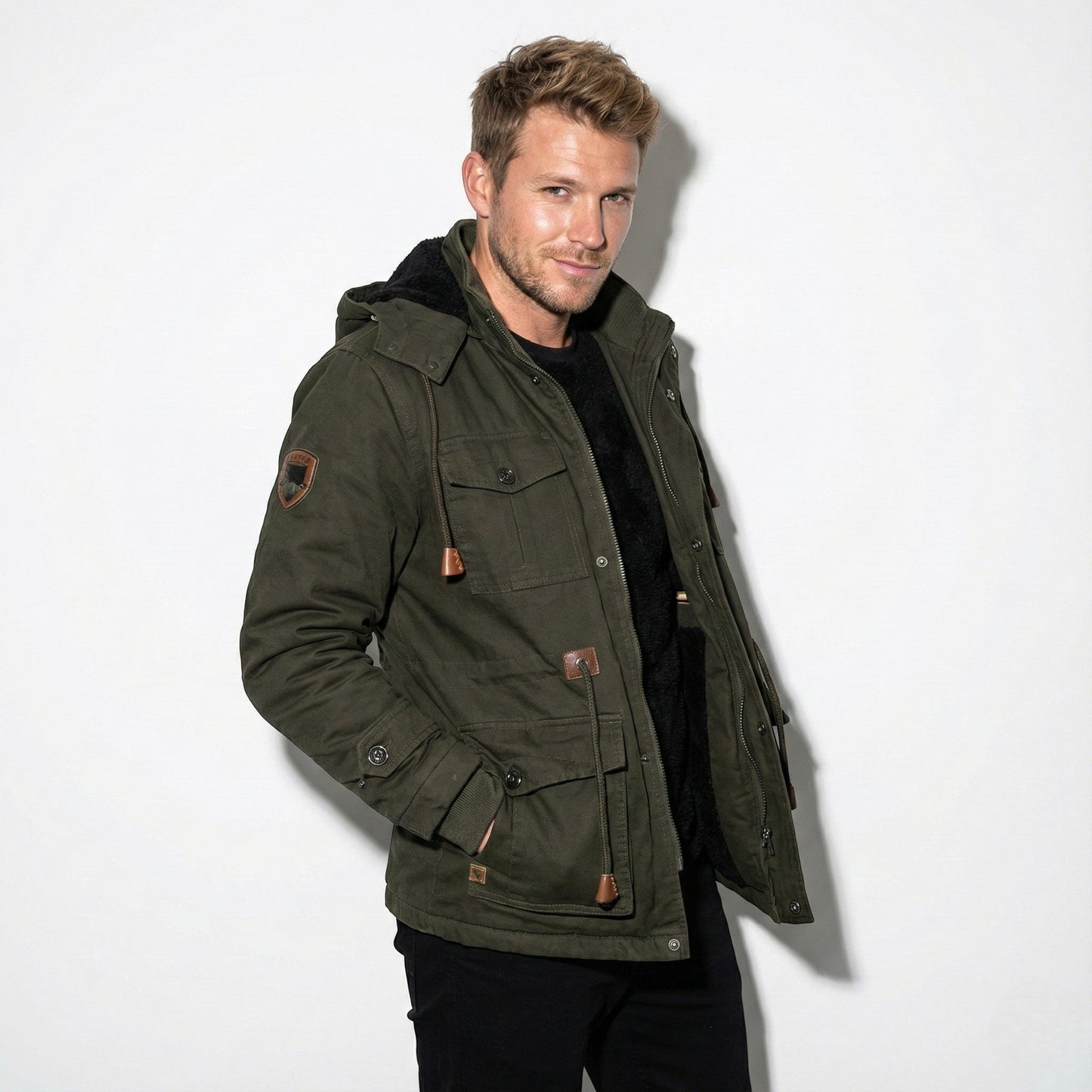 Men's winter cargo jacket in neutral tone, faux fur-lined urban coat with multiple utility pockets