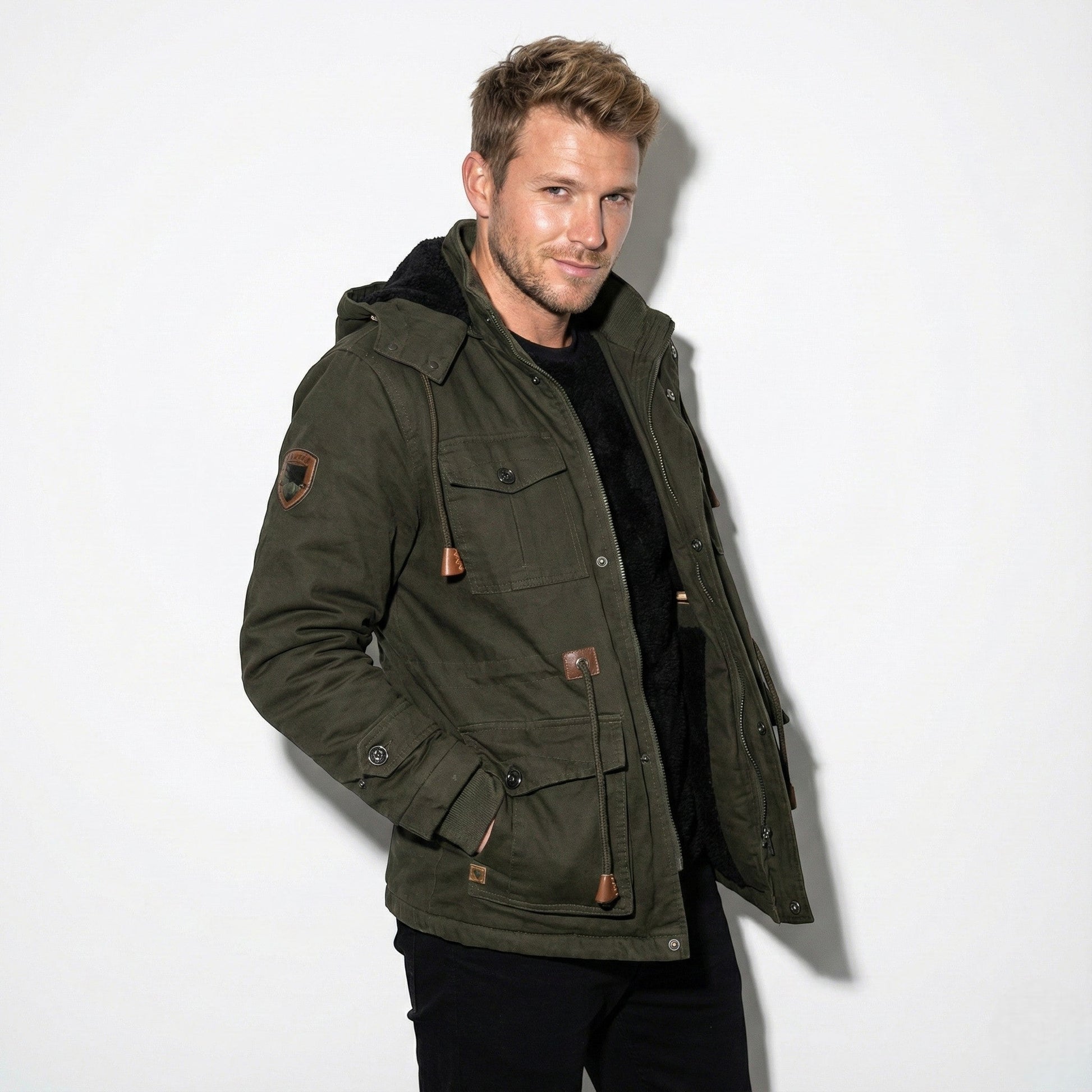 Men's winter cargo jacket in neutral tone, faux fur-lined urban coat with multiple utility pockets