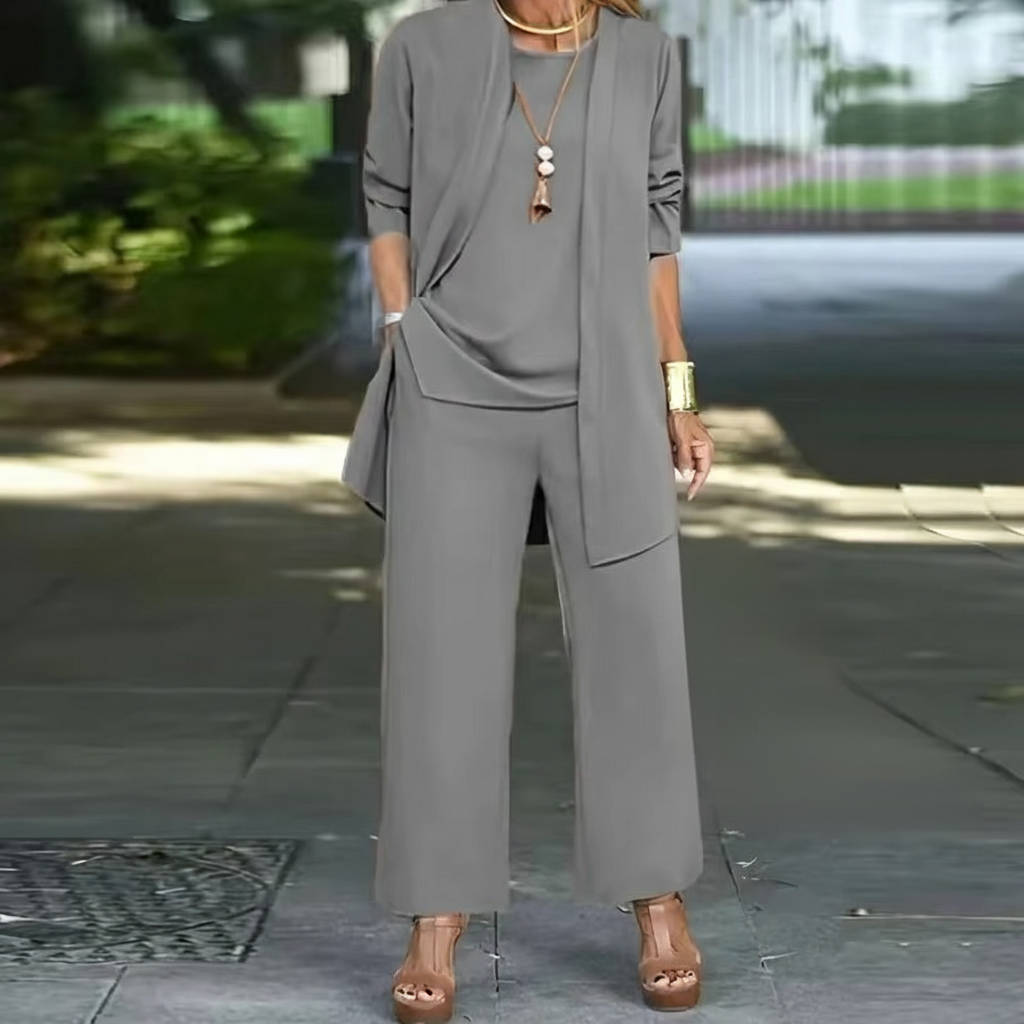 Women's 3-piece pantsuit elegant work-to-evening ensemble with coordinating vest top and tailored pants