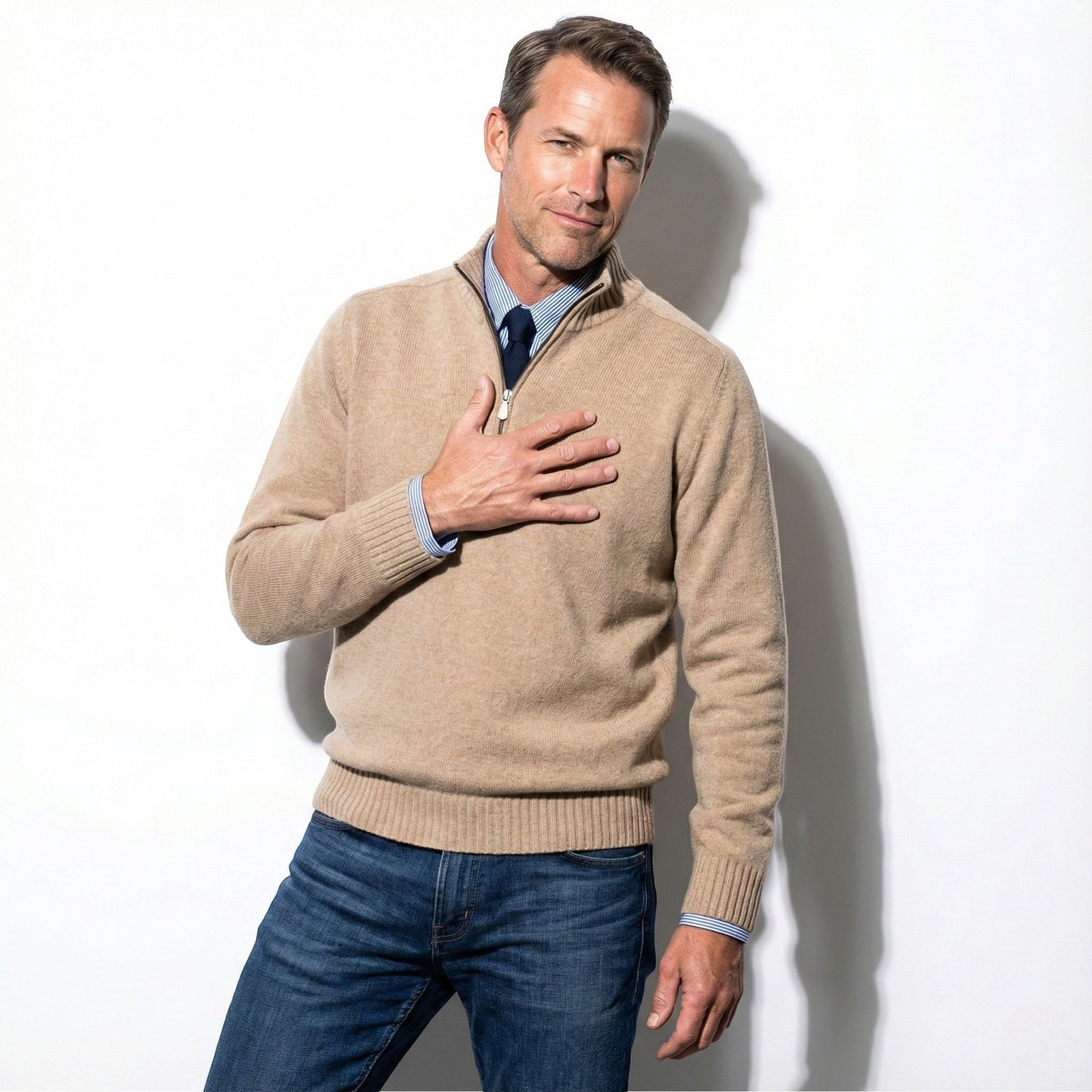 Men's gray quarter-zip mock neck sweater with ribbed cuffs, slim fit knit for smart casual style