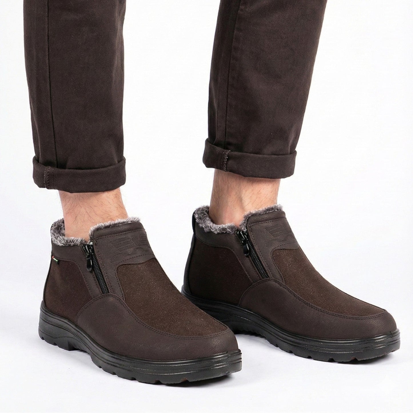 Men's black cowhide leather winter snow boots with shock-absorbing non-slip sole for warm walks