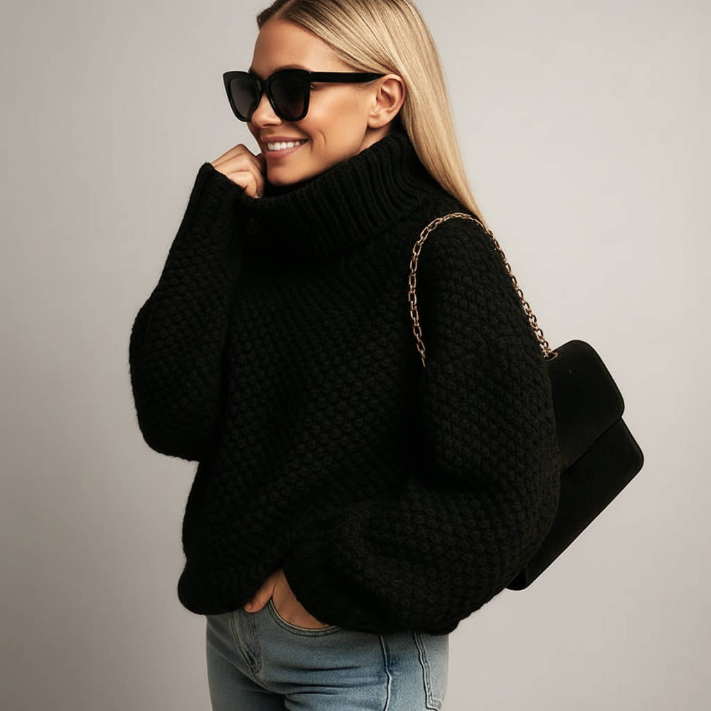 Women's chunky knit turtleneck sweater in cozy neutral tones, oversized fit with textured cable pattern