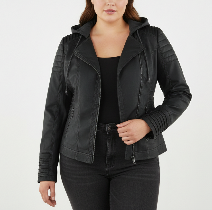 Women's black eco-leather hooded motorcycle jacket plus size curve-friendly comfort fit urban style