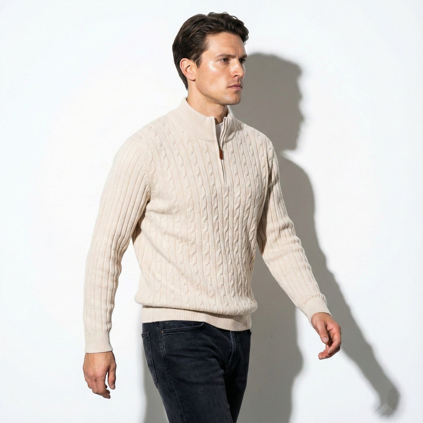 Men's cable knit sweater with zipper collar, classic long-sleeve pullover in textured warm style