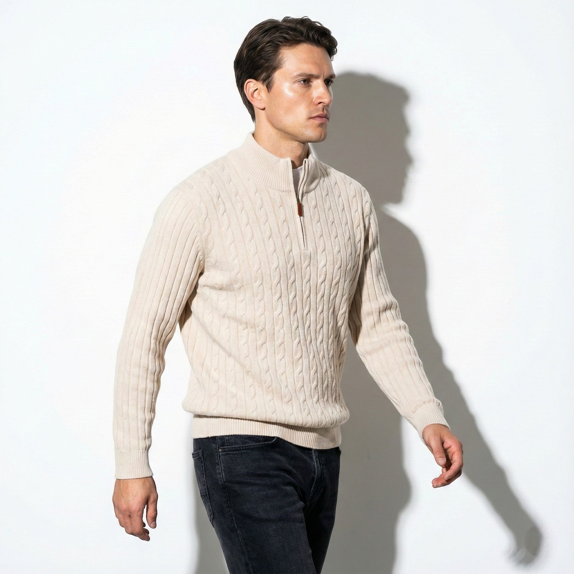 Men's cable knit sweater with zipper collar, classic long-sleeve pullover in textured warm style