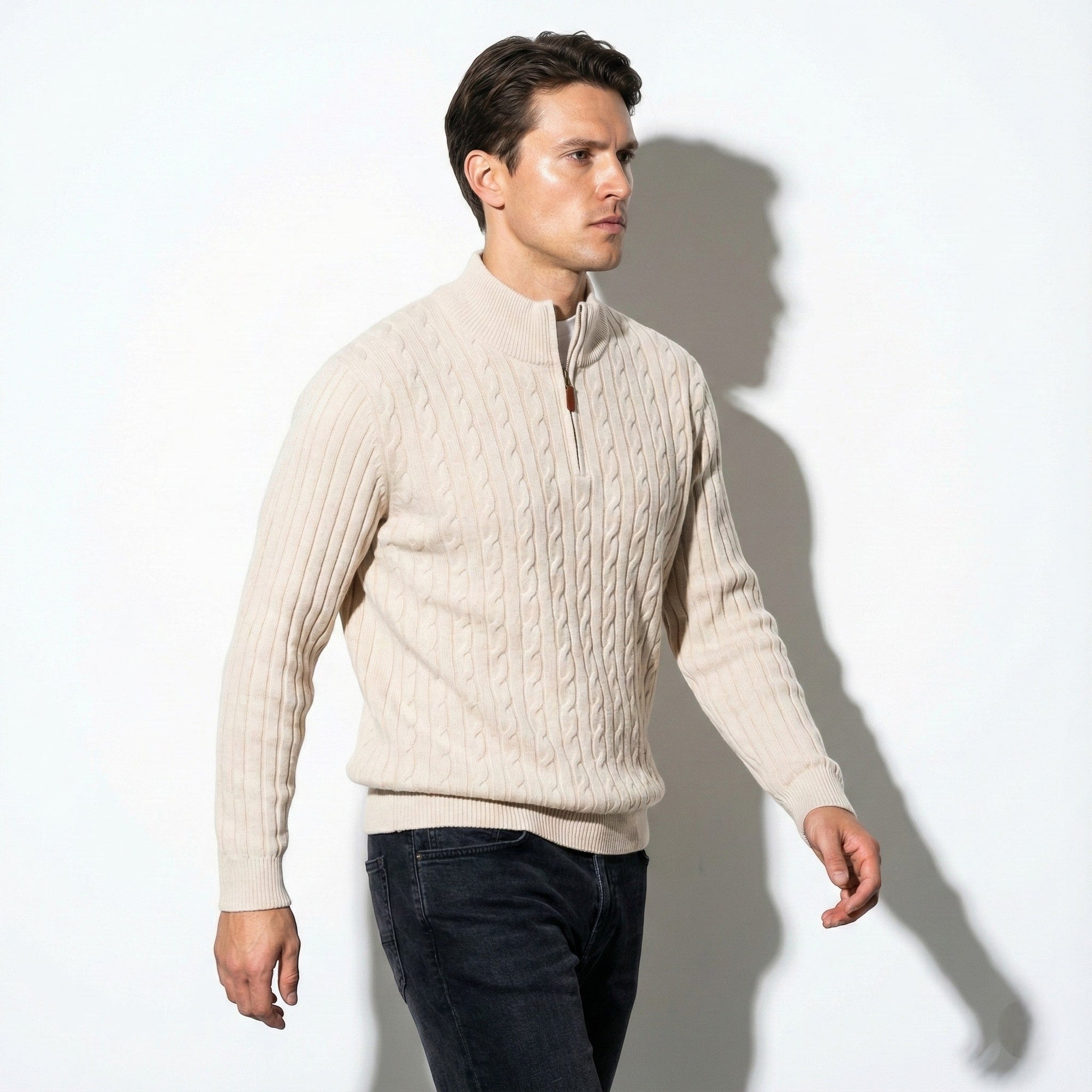 Men's cable knit sweater with zipper collar, classic long-sleeve pullover in textured warm style