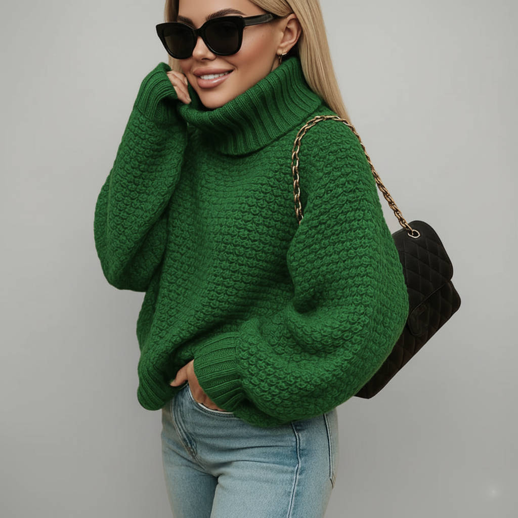 Women's chunky knit turtleneck sweater in cozy cotton-poly blend for effortless everyday warmth