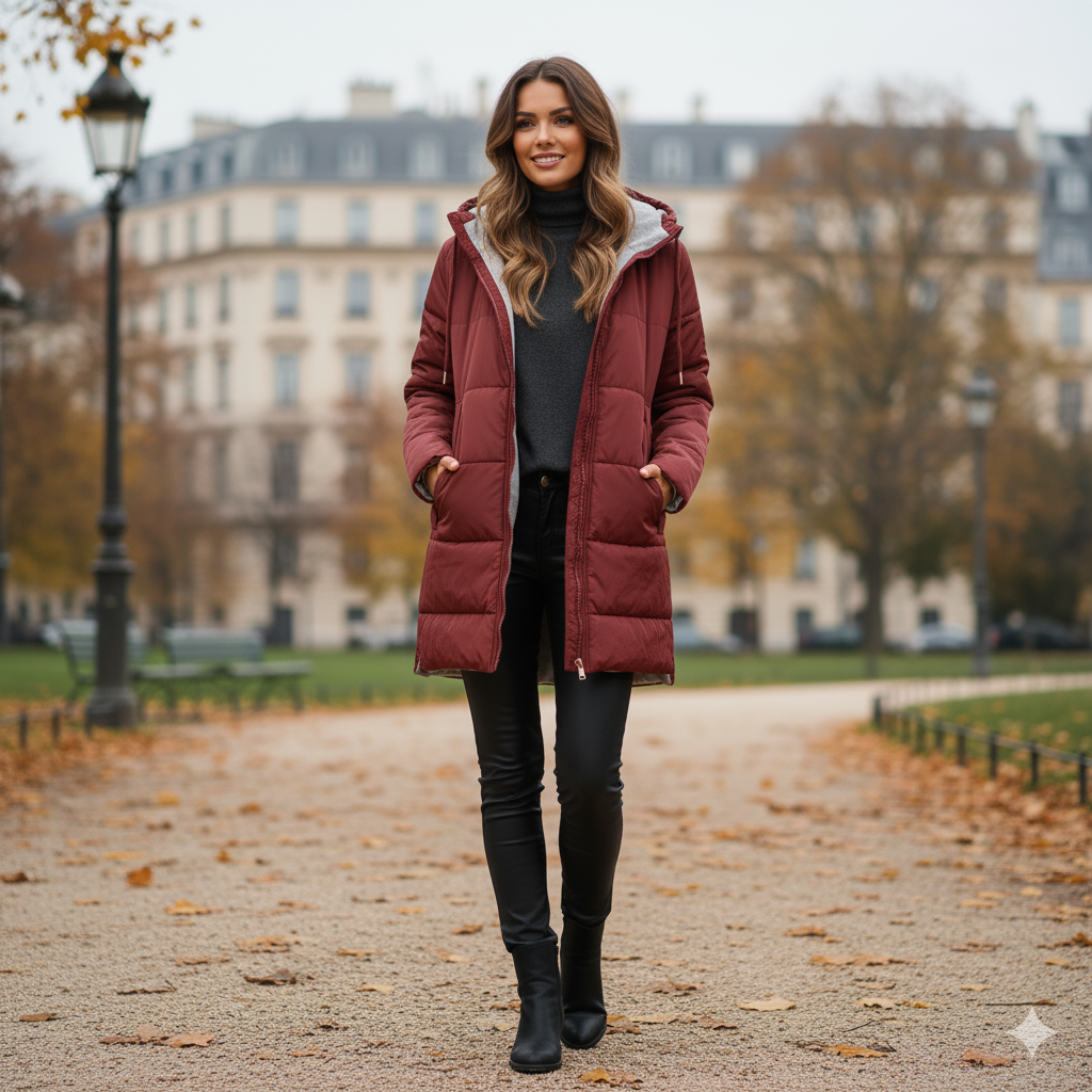 Women's long hooded puffer jacket lightweight quilted smooth texture full zip minimalist silhouette