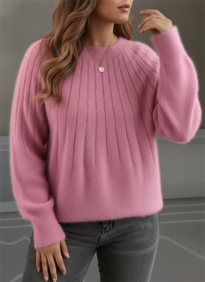 Plus size women's soft rib knit sweater in cozy fluffy fabric, curve-flattering autumn-winter style