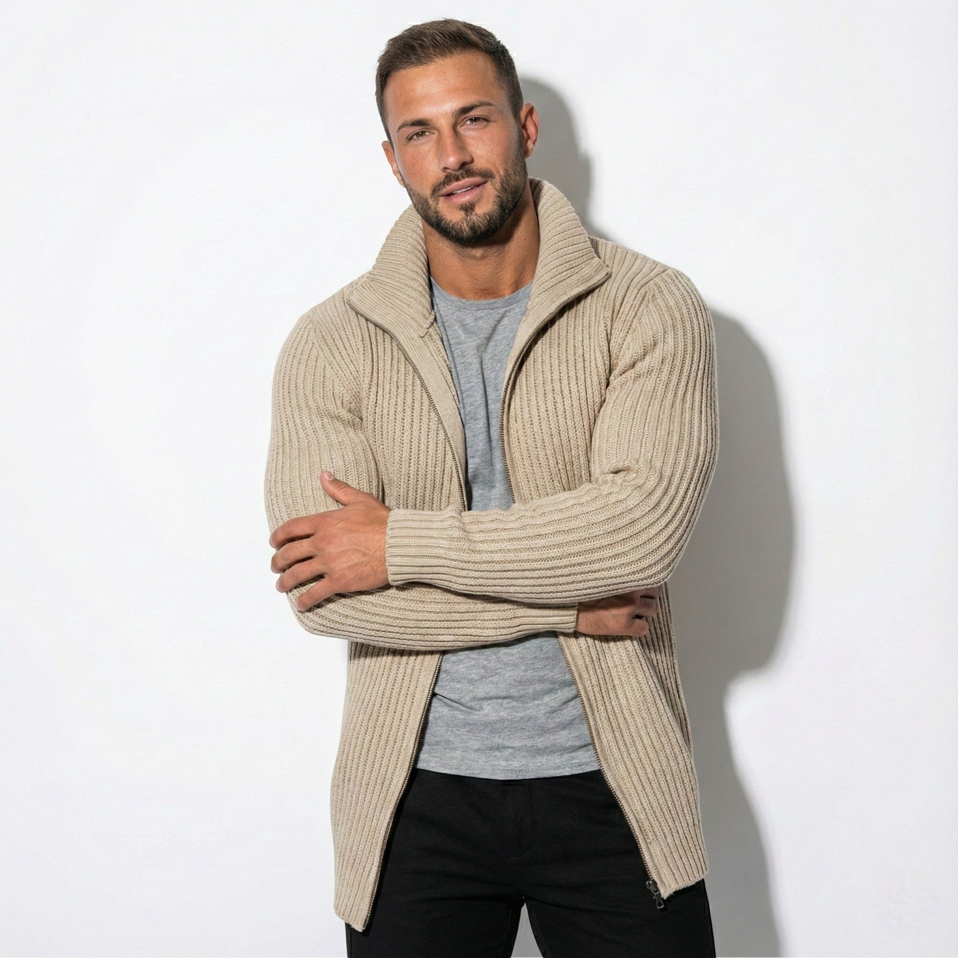 Men's slim fit knit cardigan zipper closure stand collar stripe accent mid-length modern style
