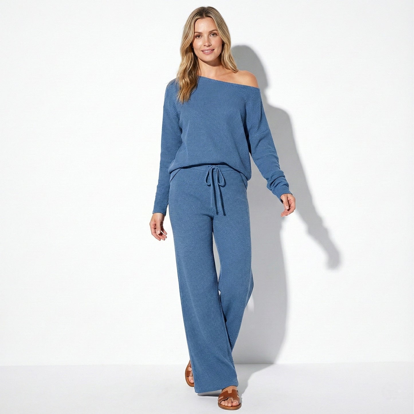 Harper women's off-shoulder lounge set with wide-leg pants, soft two-piece coordinated ensemble