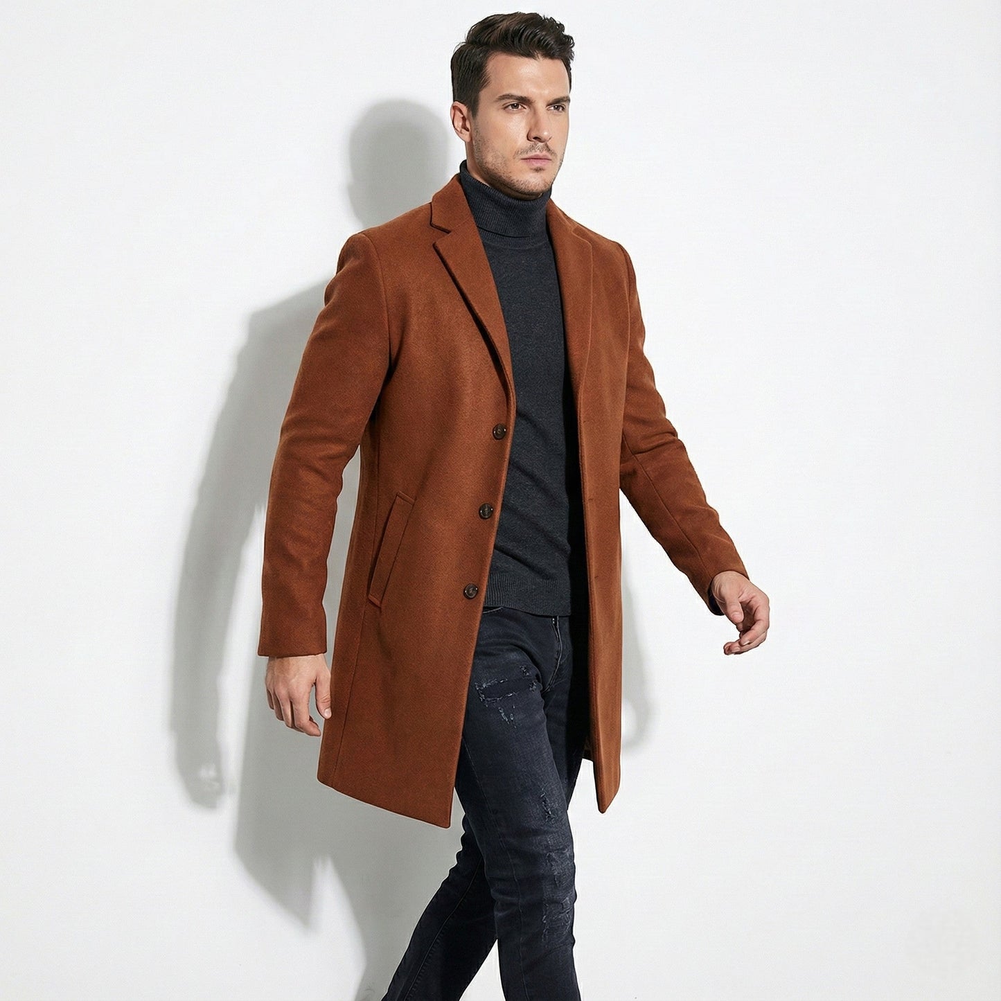 Men's slim fit mid-length overcoat notch lapel wrinkle-resistant tailored urban professional style