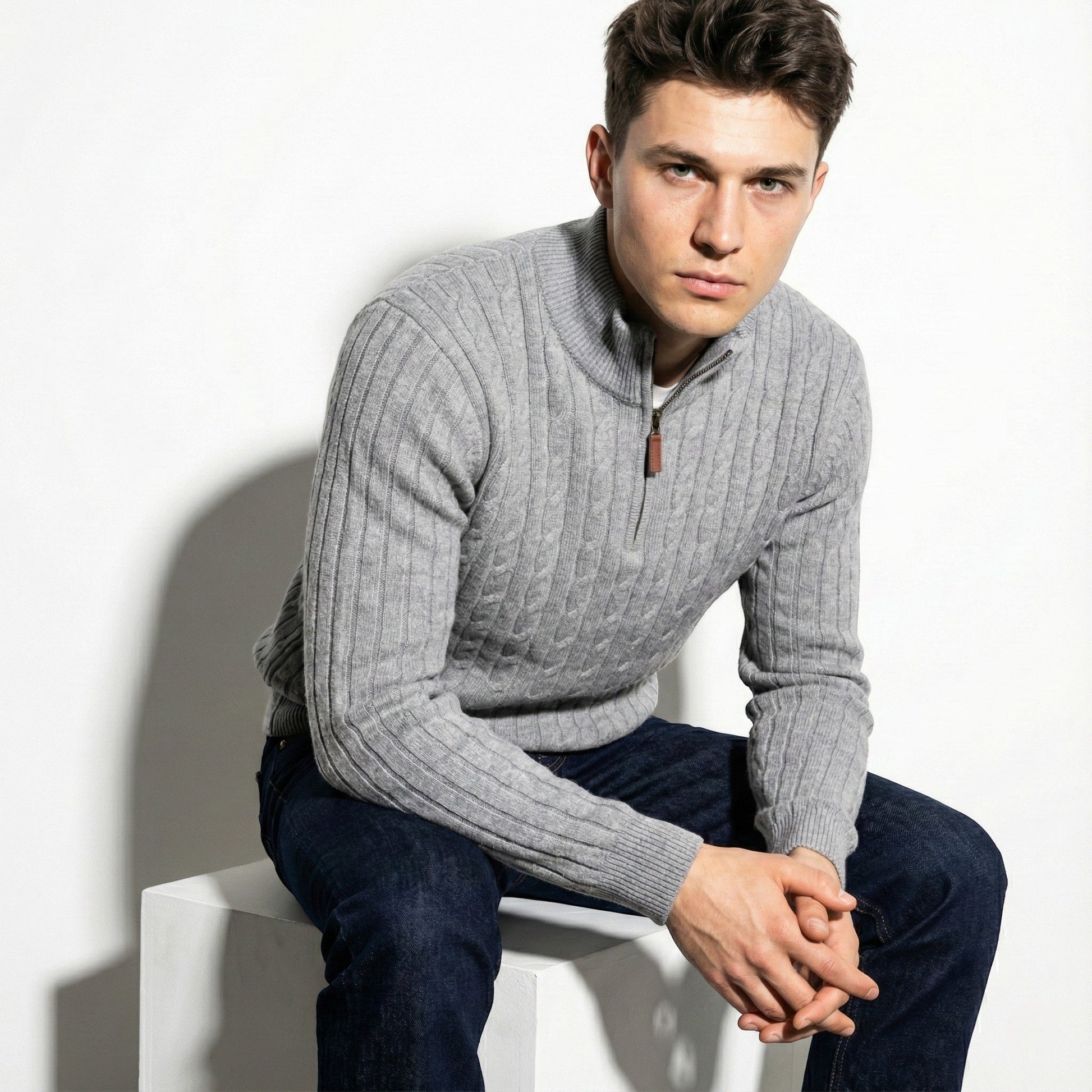 Marc men's cable knit sweater with zipper collar, classic long-sleeve style in textured warm knit