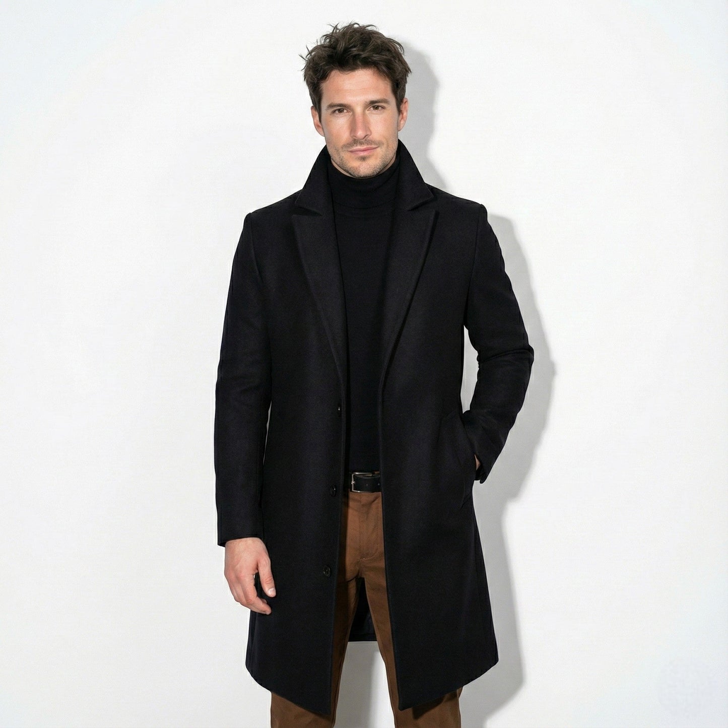 Men's slim-fit single-breasted wool overcoat with notched lapel in classic neutral tone