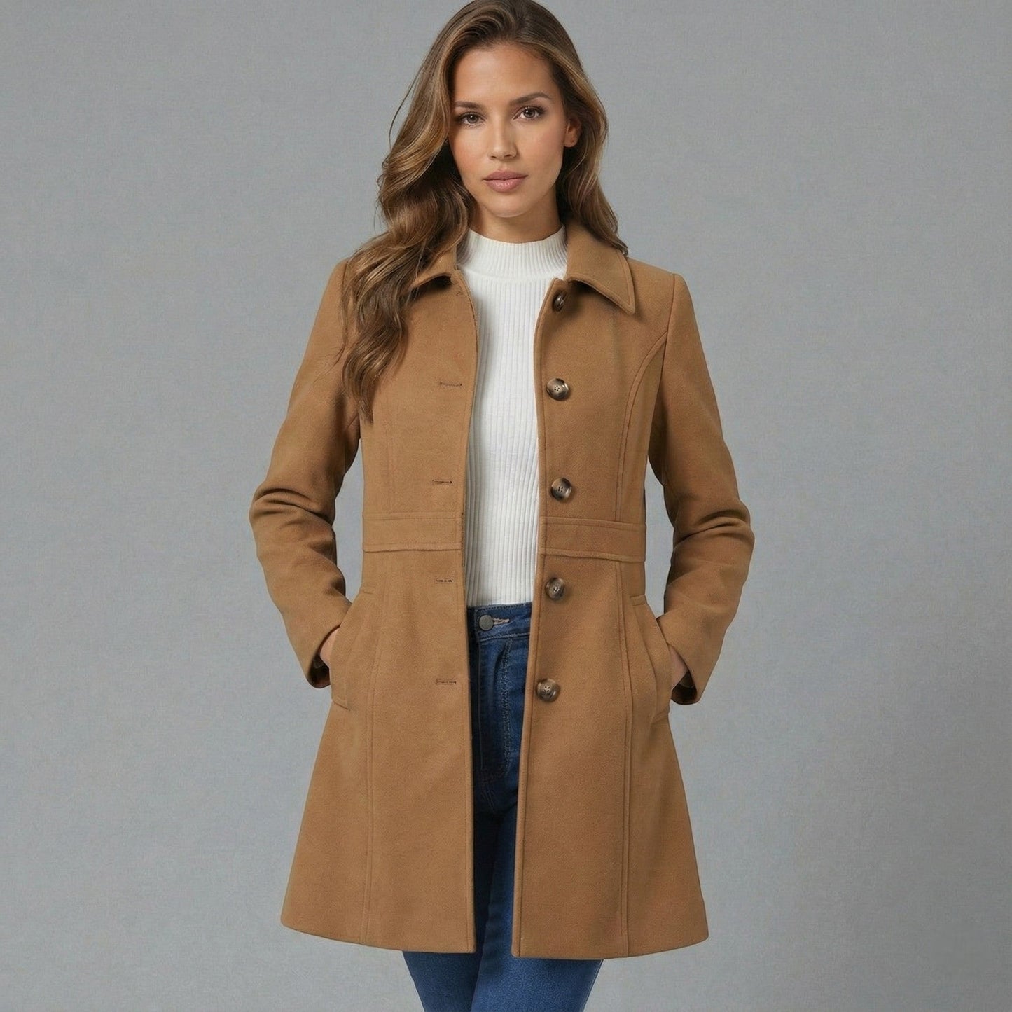 Josephine women's winter coat button placket A-line silhouette soft fabric classic collar elegant outerwear