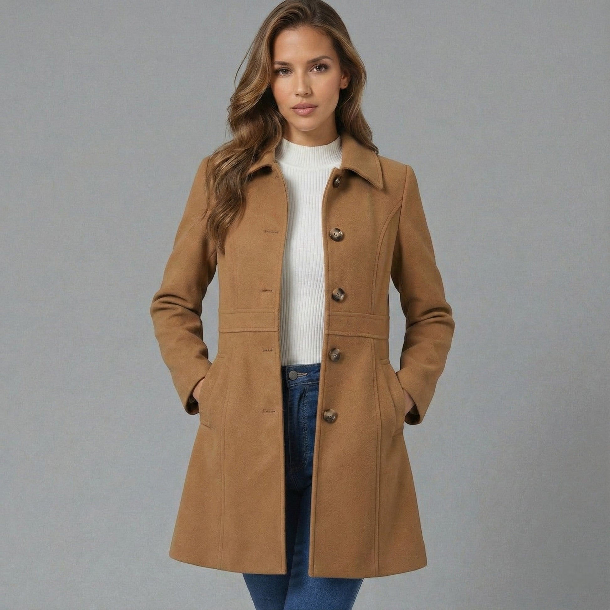 Josephine women's winter coat button placket A-line silhouette soft fabric classic collar elegant outerwear