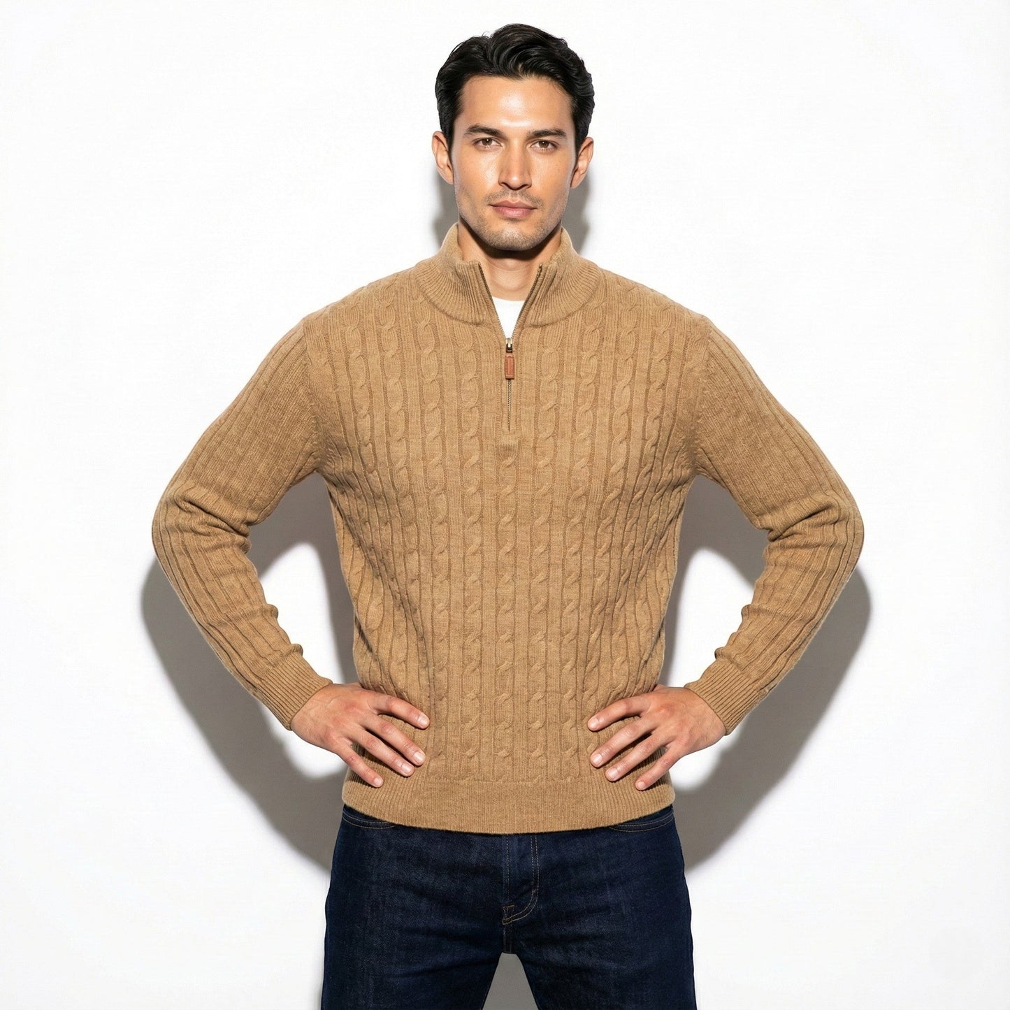 Marc men's cable knit zipper sweater in classic style with textured pattern and adjustable collar