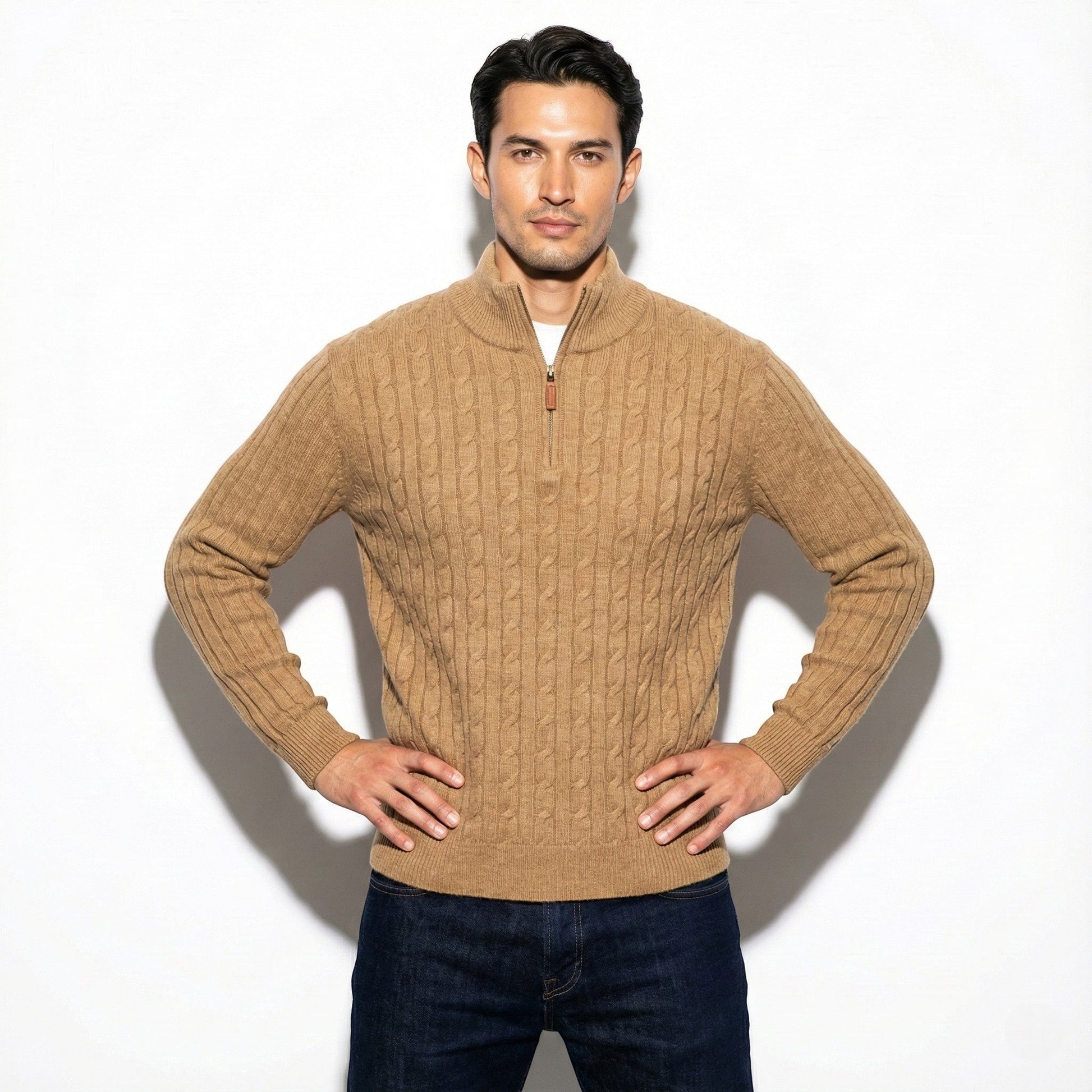 Marc men's cable knit zipper sweater in classic style with textured pattern and adjustable collar