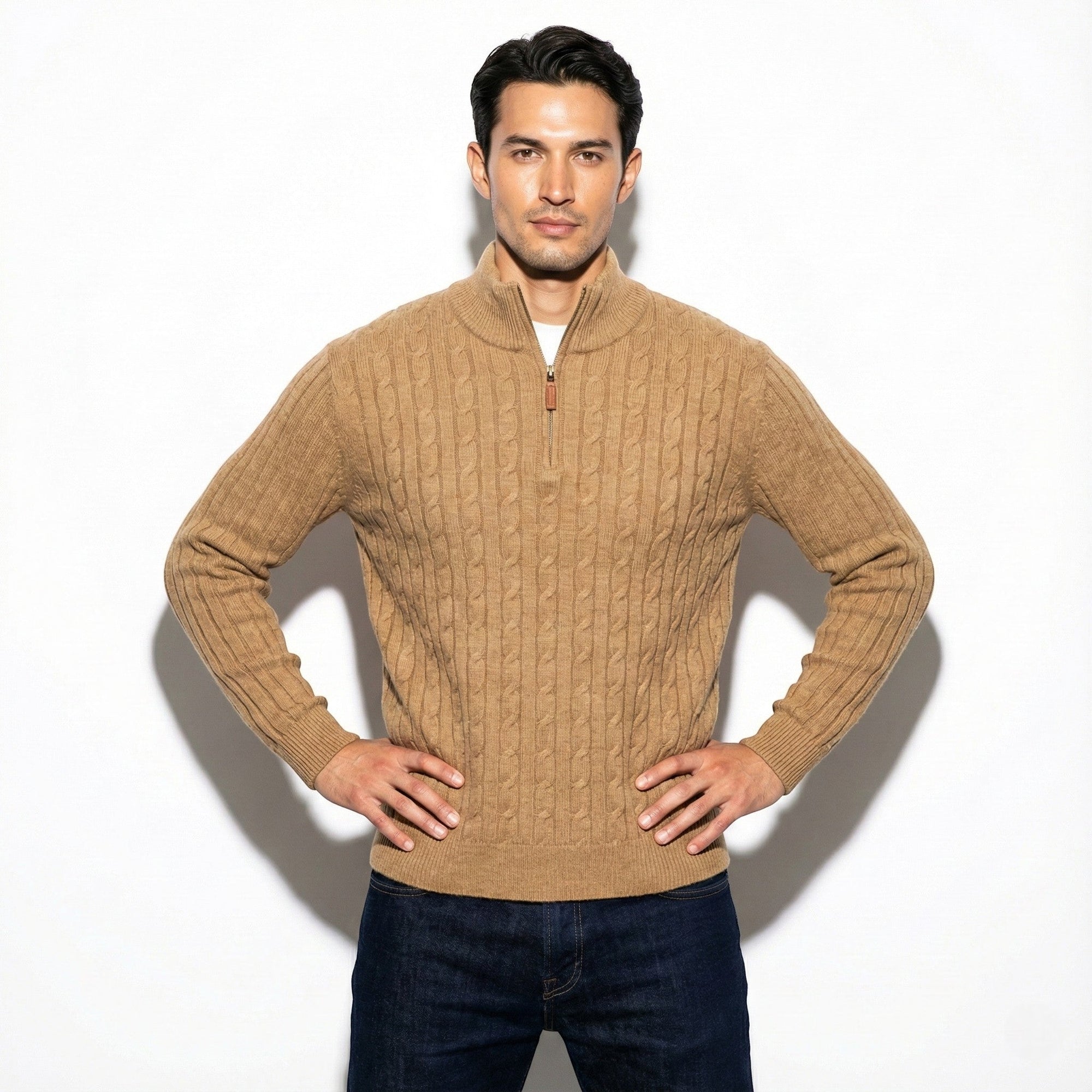 Marc men's cable knit zipper sweater in classic style with textured pattern and adjustable collar