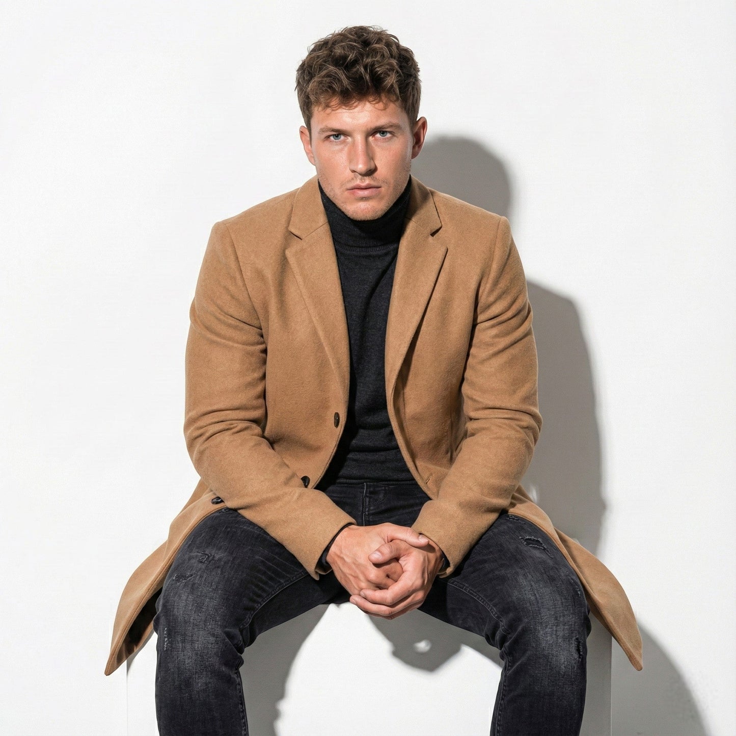 Men's slim fit mid-length overcoat with notch lapel, wrinkle-resistant tailored silhouette for urban professionals