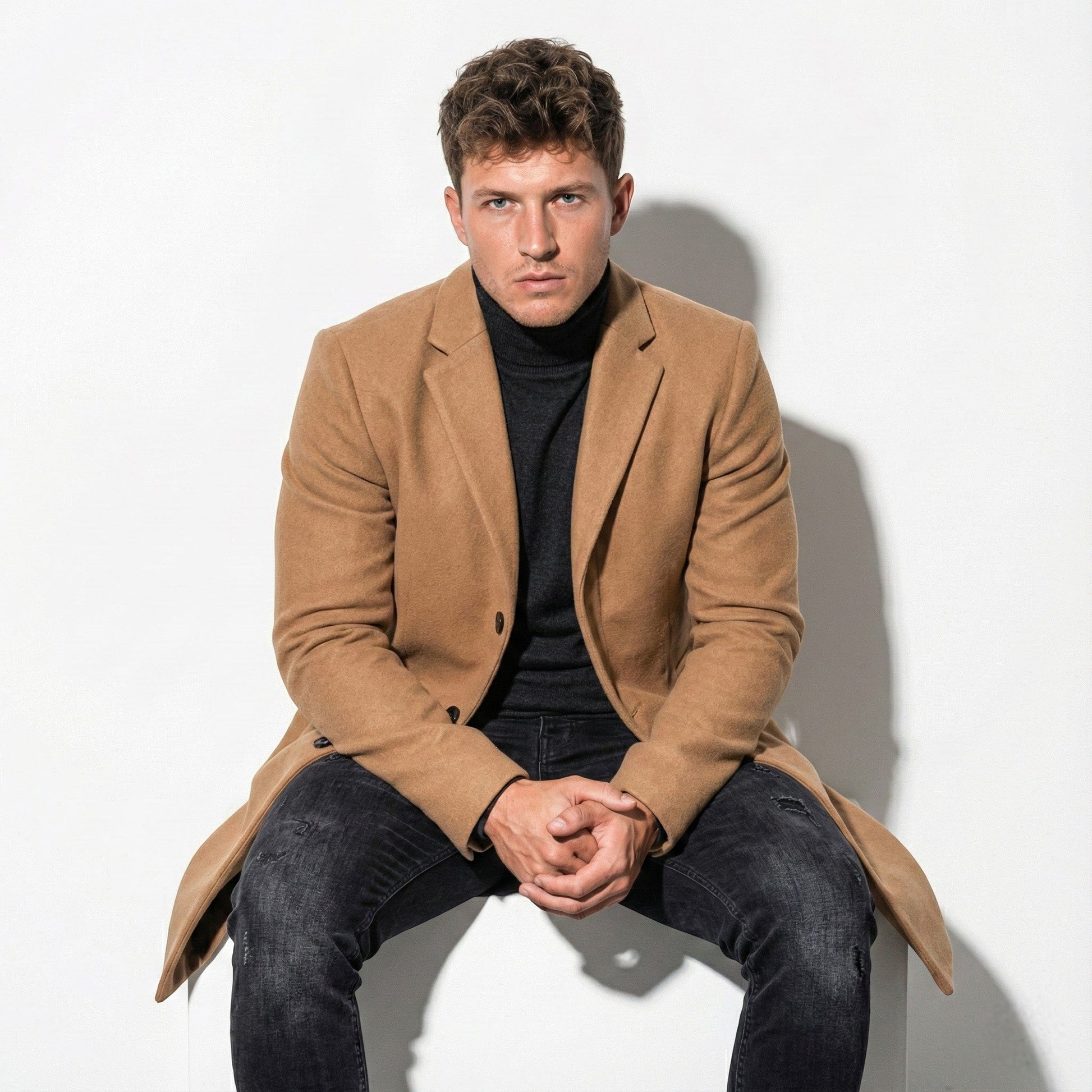 Men's slim fit mid-length overcoat with notch lapel, wrinkle-resistant tailored silhouette for urban professionals