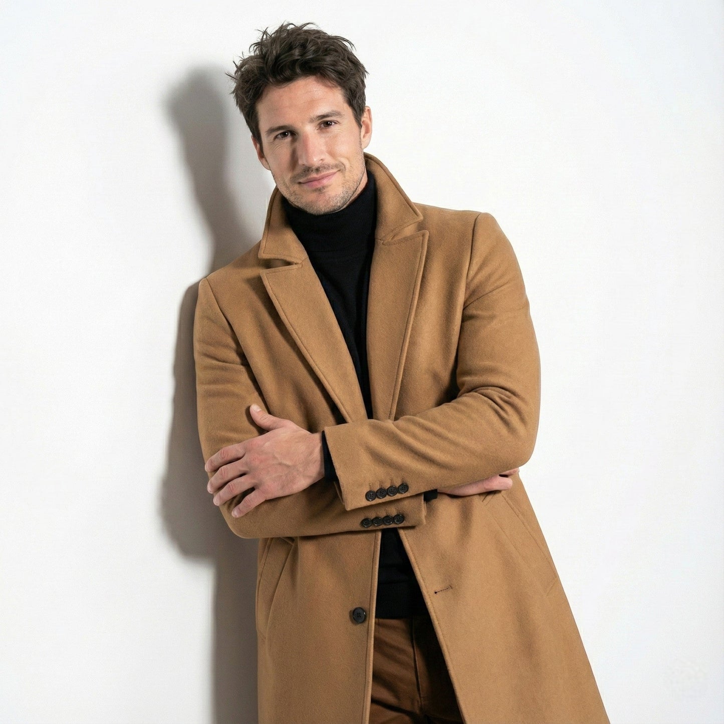 Men's slim-fit single-breasted wool overcoat with notched lapel, modern urban elegance