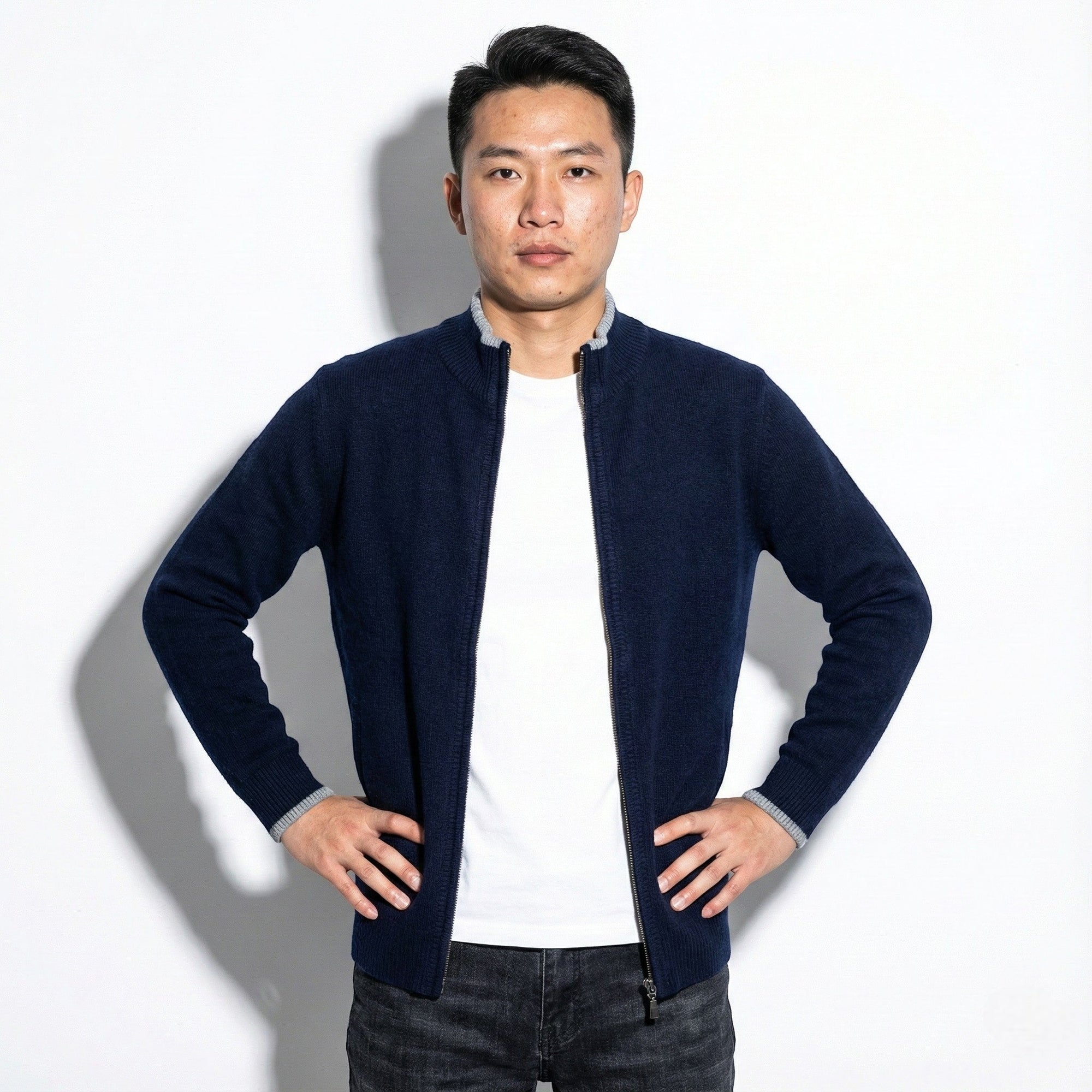 Men's zip-up cardigan ribbed collar soft knit texture regular fit everyday essential layering