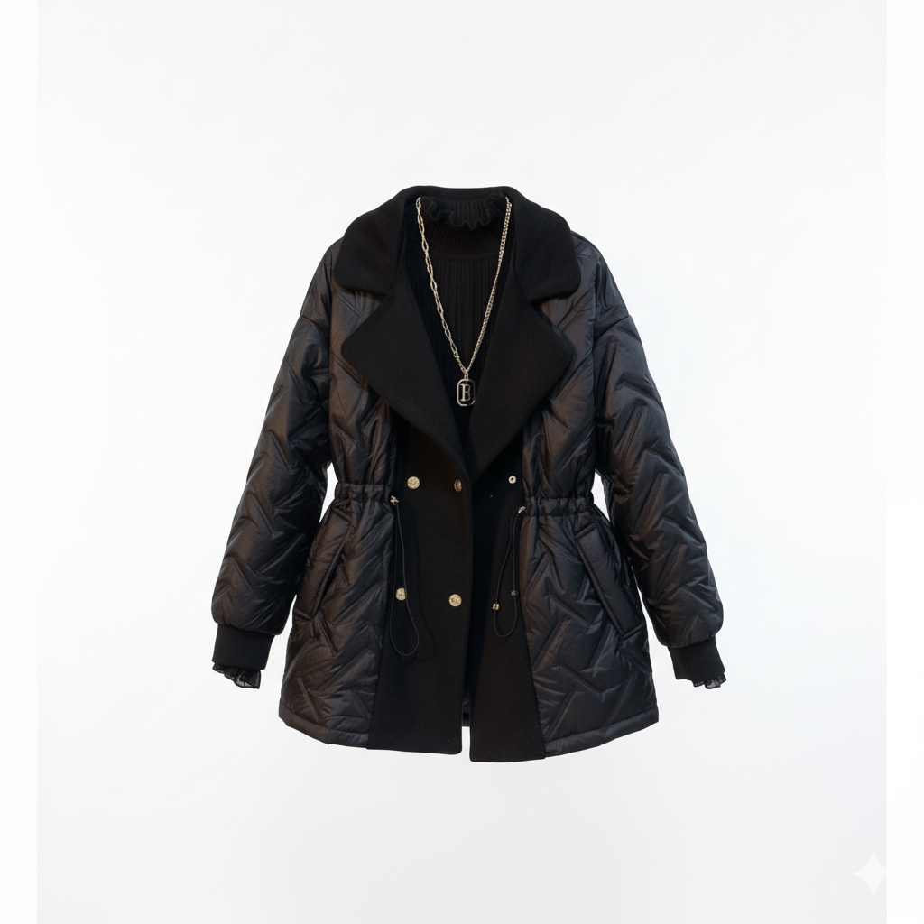 Women's quilted double-breasted jacket with drawstring waist, elegant warm winter layer