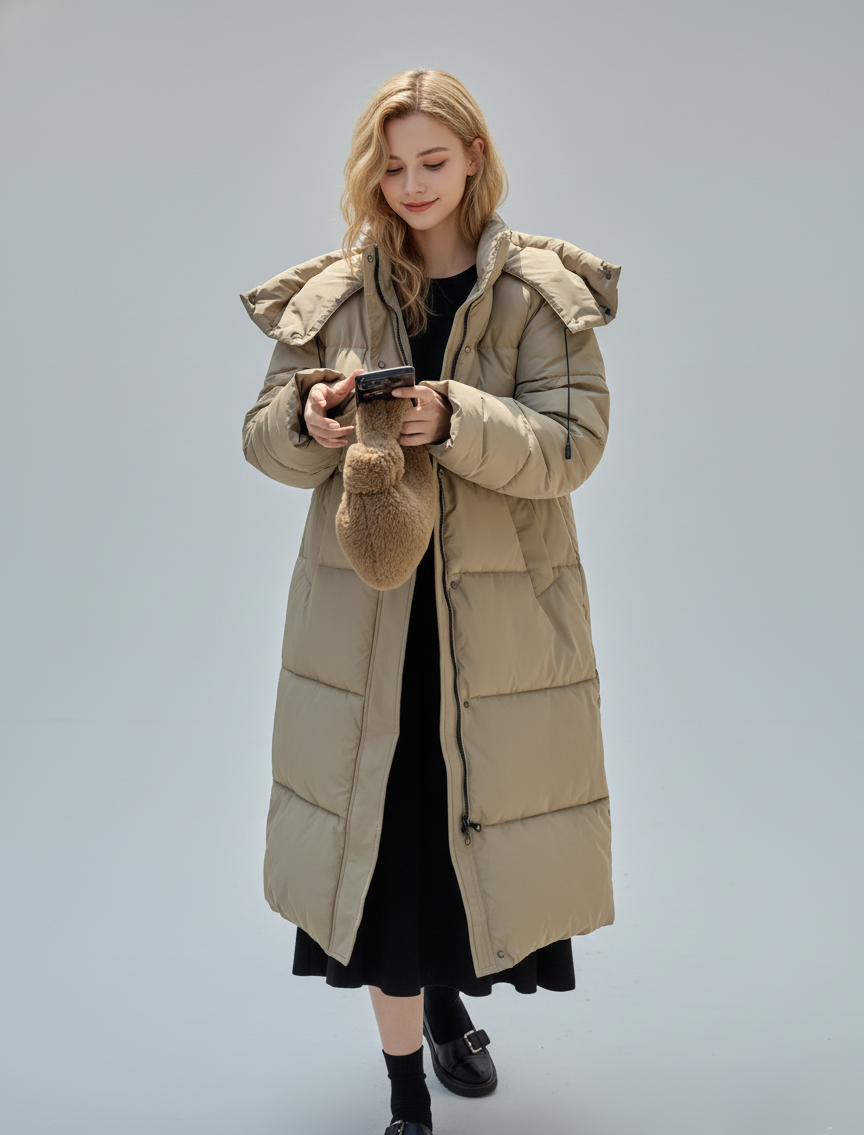 Women's black oversized full-length quilted puffer coat with hood for cold weather