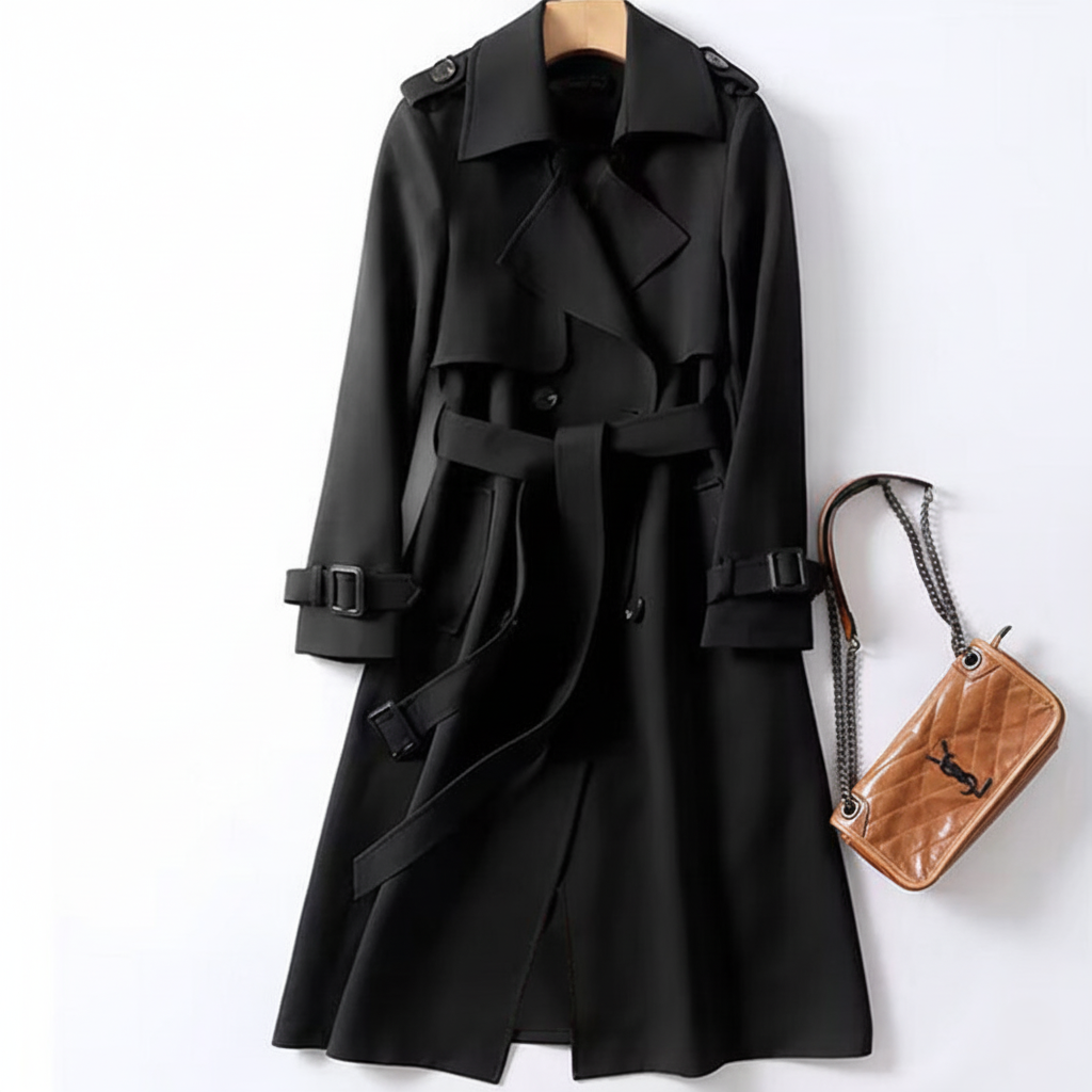 Women's double breasted belted maxi trench coat relaxed fit elegant timeless style full-length