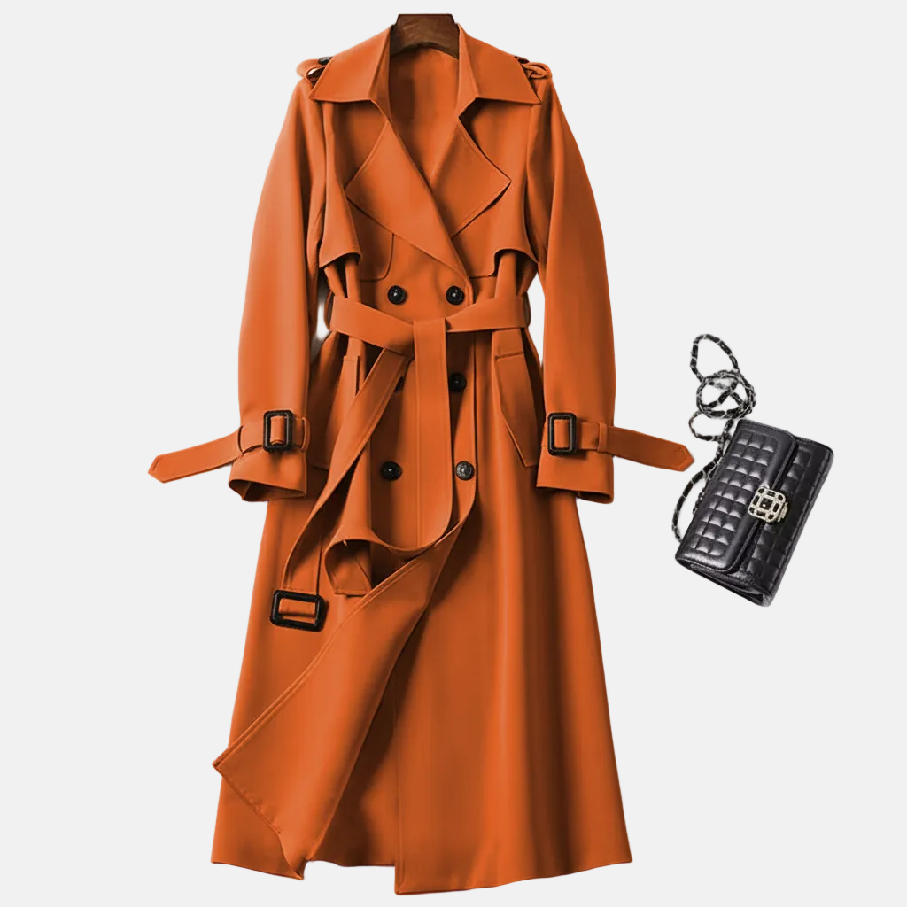 Women's double breasted belted maxi trench coat relaxed fit elegant long silhouette