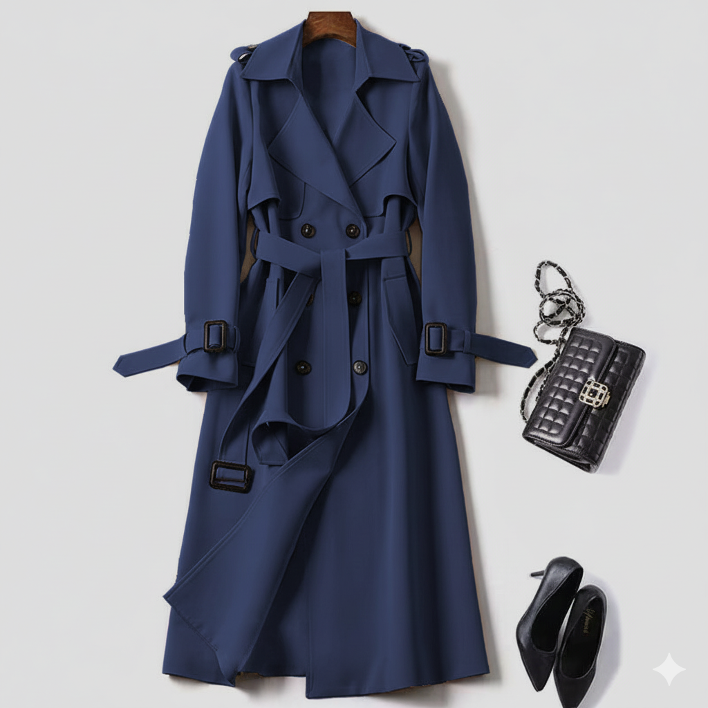 Women's double breasted belted maxi trench coat relaxed fit timeless elegant style full-length