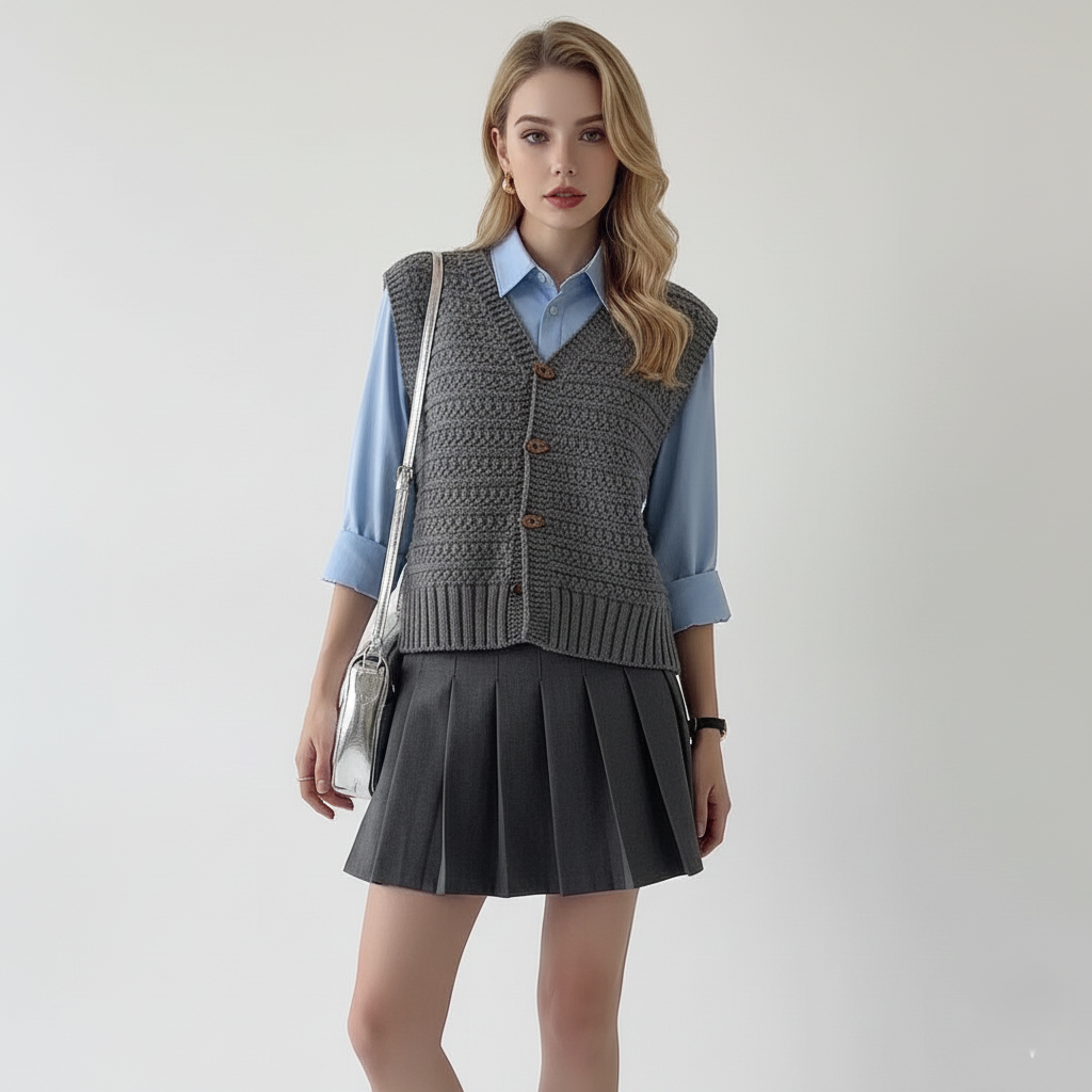Neutral knit vest women vintage-inspired sleeveless buttoned structured silhouette layering essential