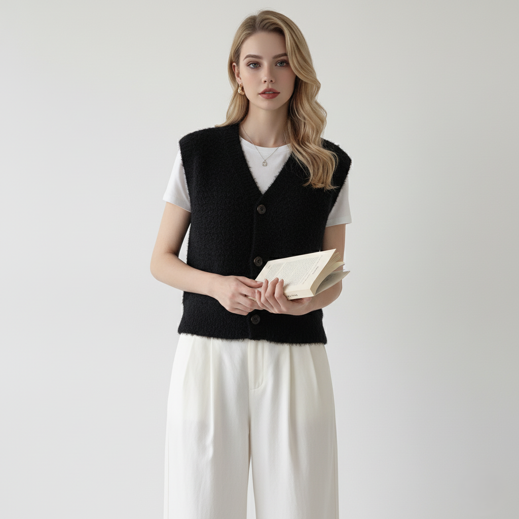 Neutral knit vest women buttoned sleeveless vintage-inspired structured silhouette layering essential