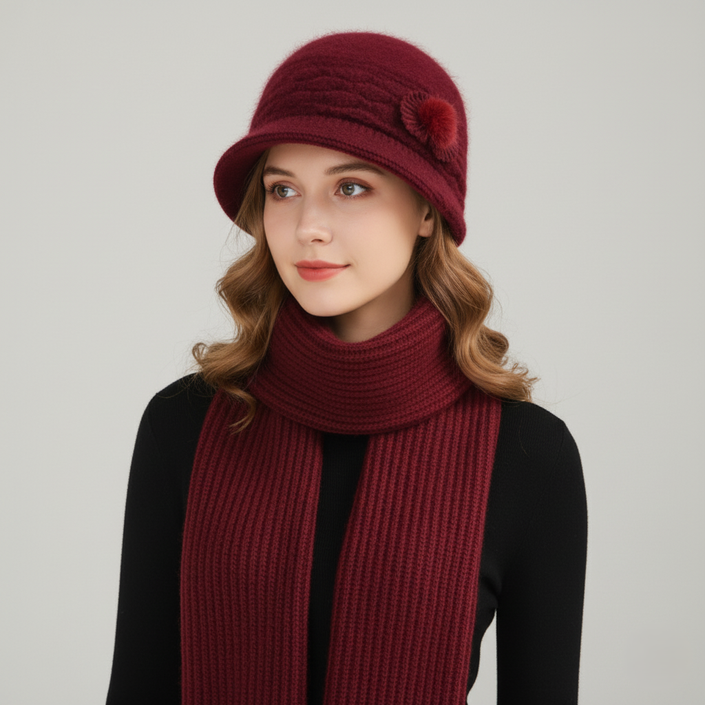 Women's gray knit cloche hat with diamond stitch texture, close-fitting silhouette, and subtle pom detail