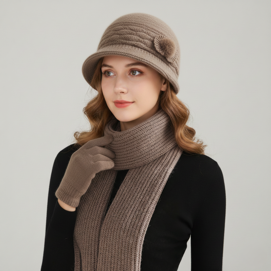 Women's ivory knit cloche hat with diamond stitch texture and subtle side pom detail for cozy style