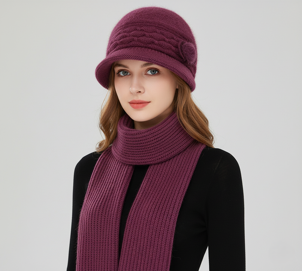 Women's ivory knit cloche hat with diamond stitch texture and subtle side pom detail