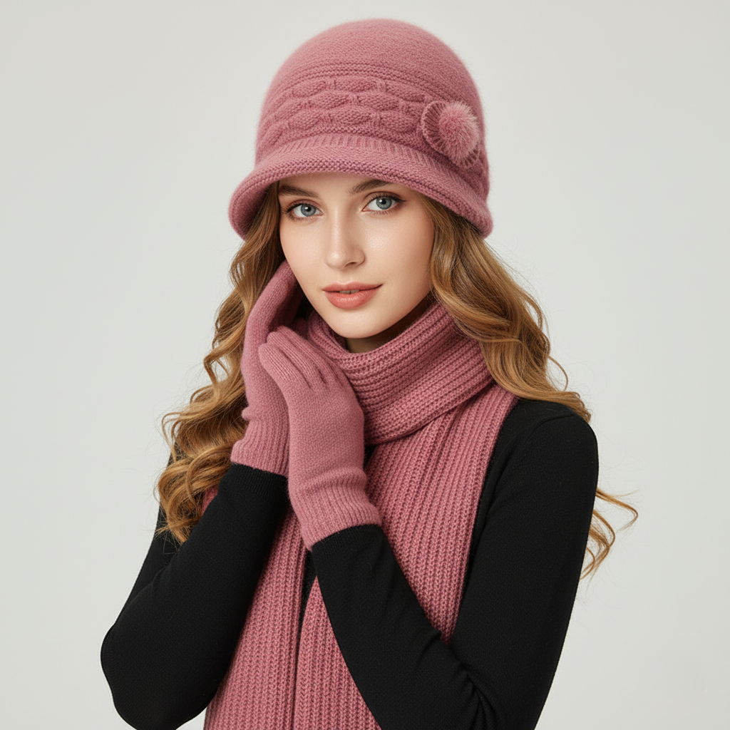 Women's beige knit cloche hat with diamond stitch texture and subtle side pom detail for cozy style
