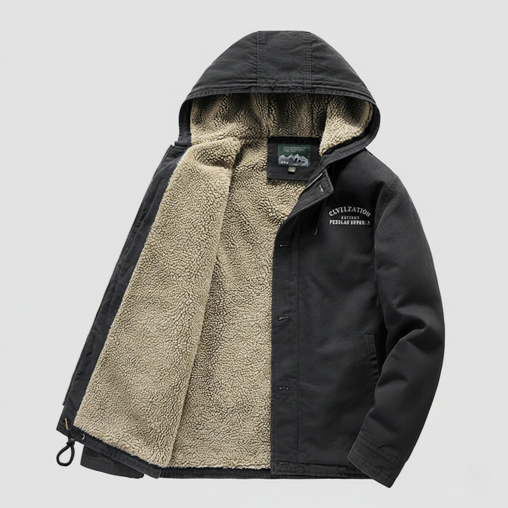 Unisex thermal hooded cotton jacket with fleece lining, dual closure, insulated for cold weather