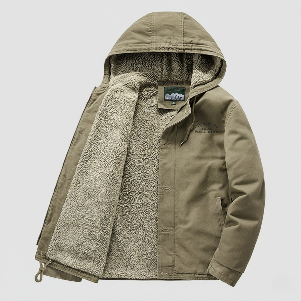 Unisex thermal hooded cotton jacket with fleece lining, dual closure, insulated for cold weather
