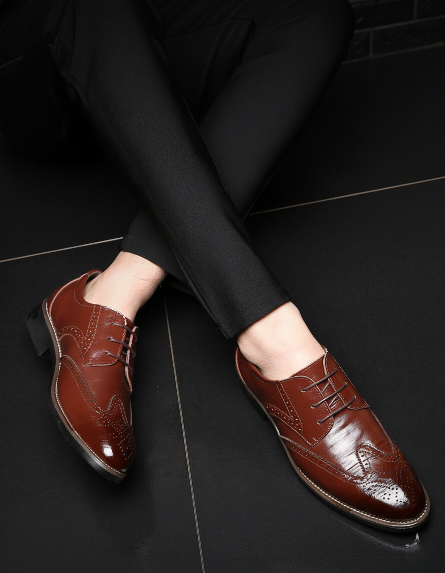 Men's brown wingtip brogue lace-up leather dress shoes with stacked heel and classic perforated detailing