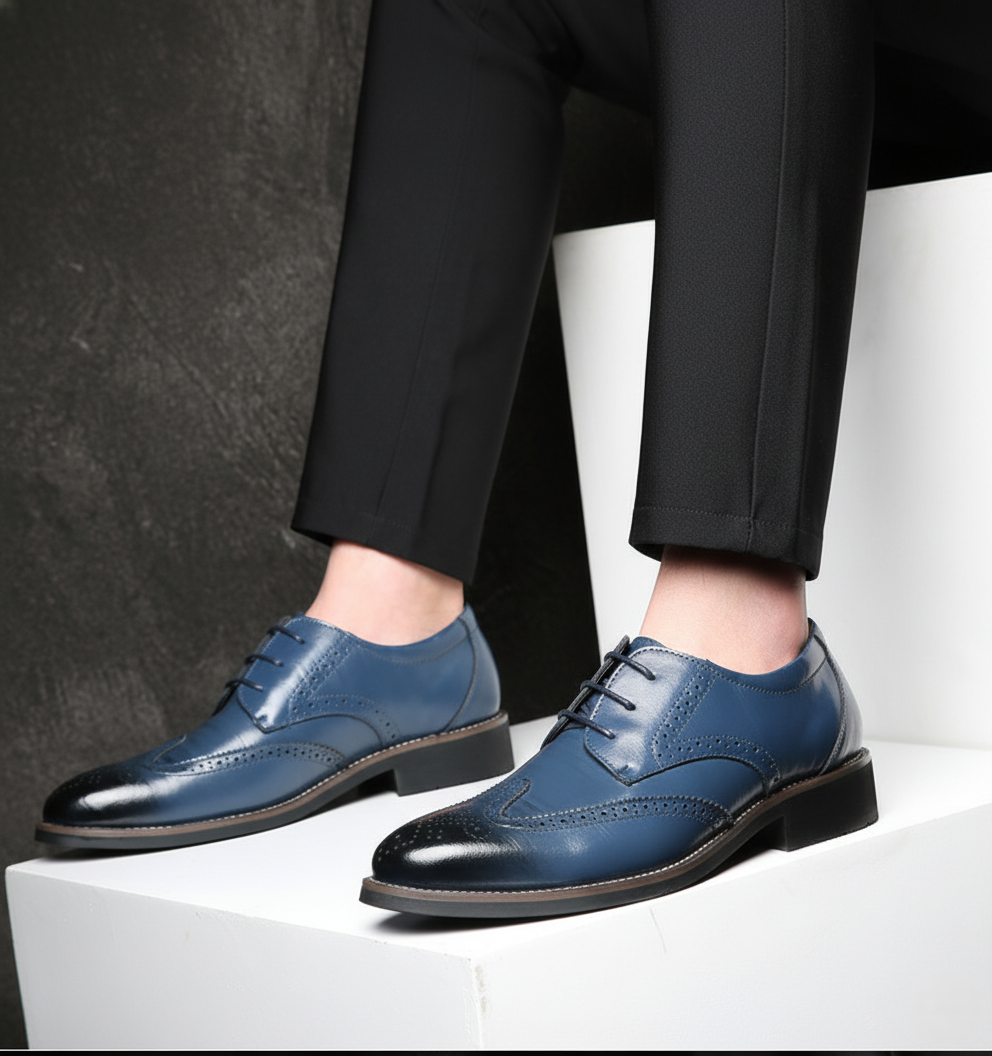 Men's brown wingtip brogue lace-up leather dress shoes with stacked heel formal wear