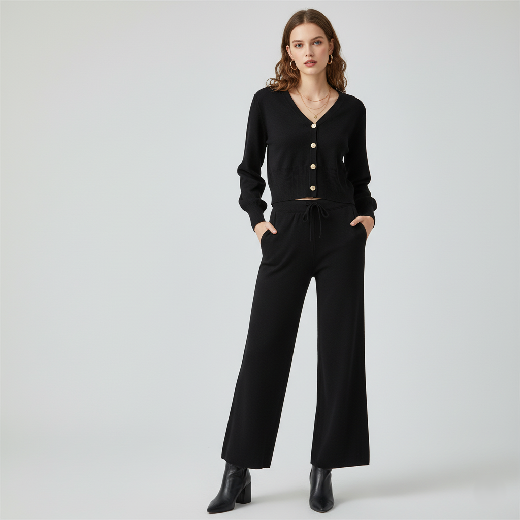 Women's beige wool blend knit cardigan and wide-leg pants two-piece set relaxed fit cozy chic