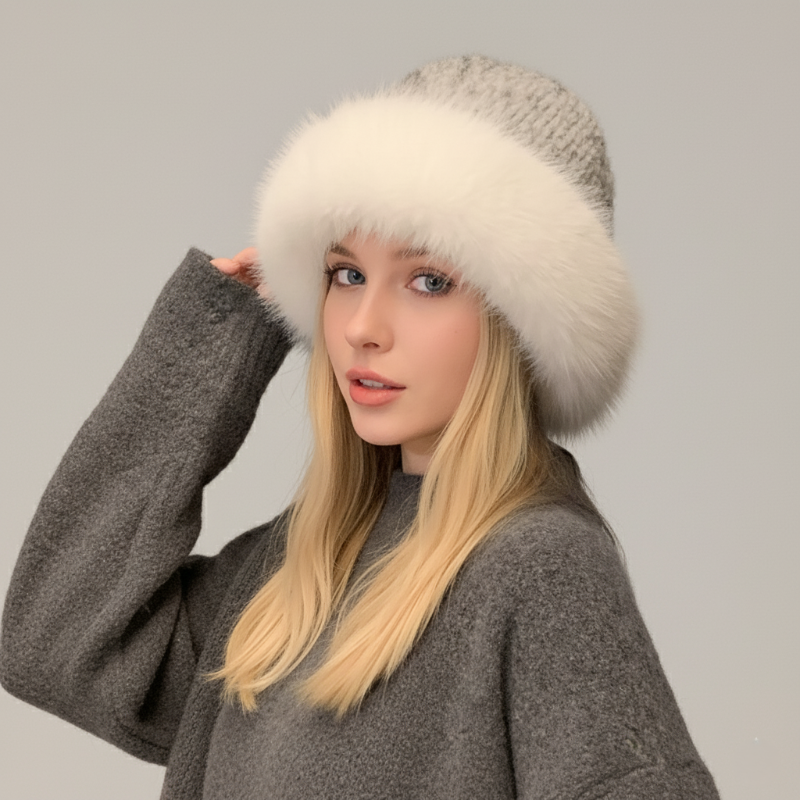 Women's genuine mink fur cap in warm brown tones, elegant understated winter luxury accessory