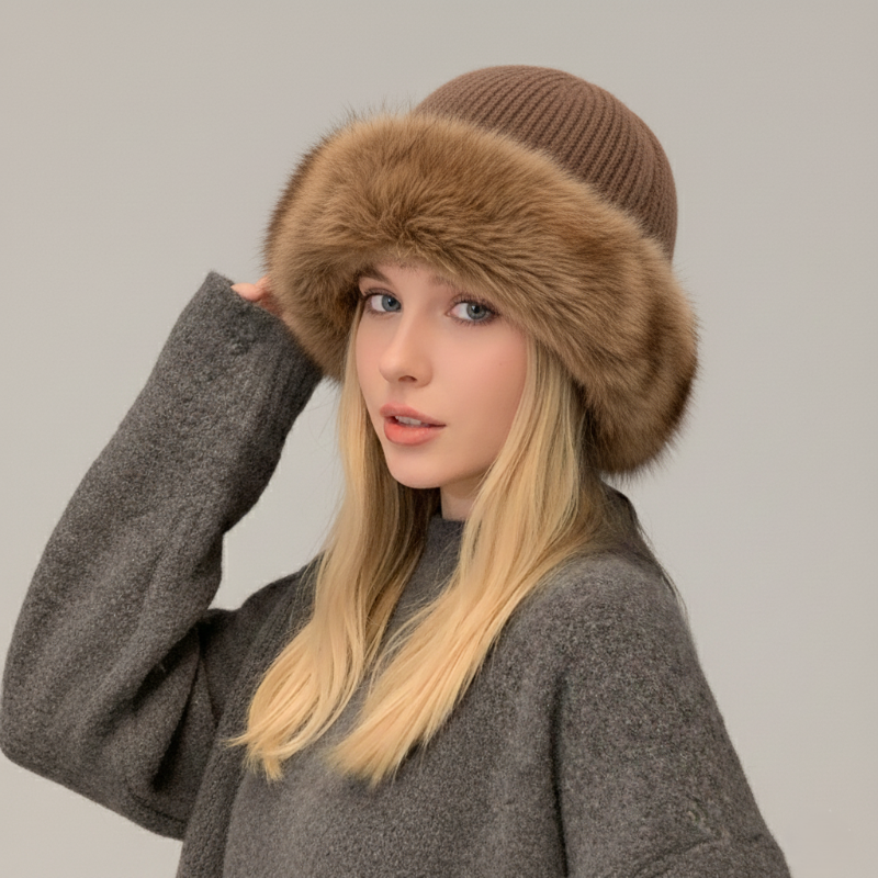 Women's genuine mink fur cap in warm brown tones, elegant winter accessory with luxurious soft texture
