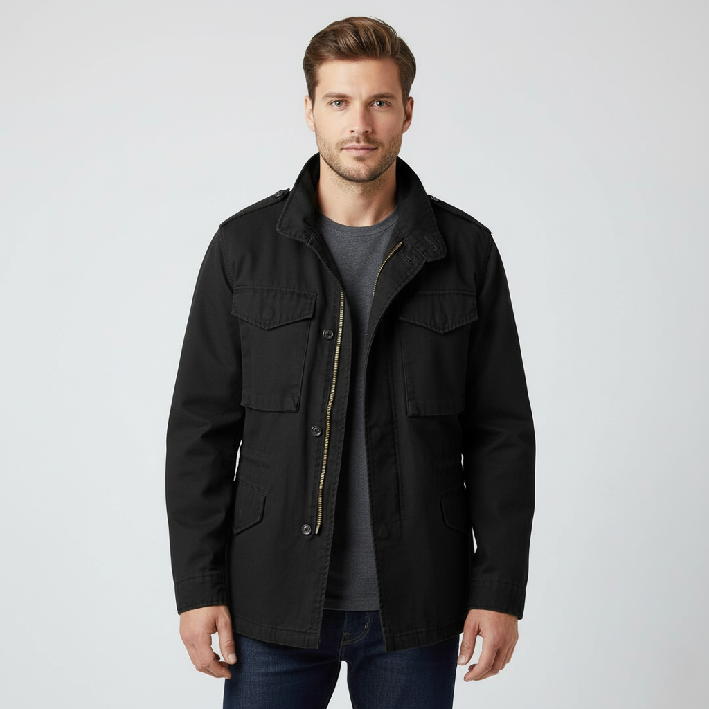 Men's olive green field jacket with rugged lapel collar and multi-pocket utilitarian design