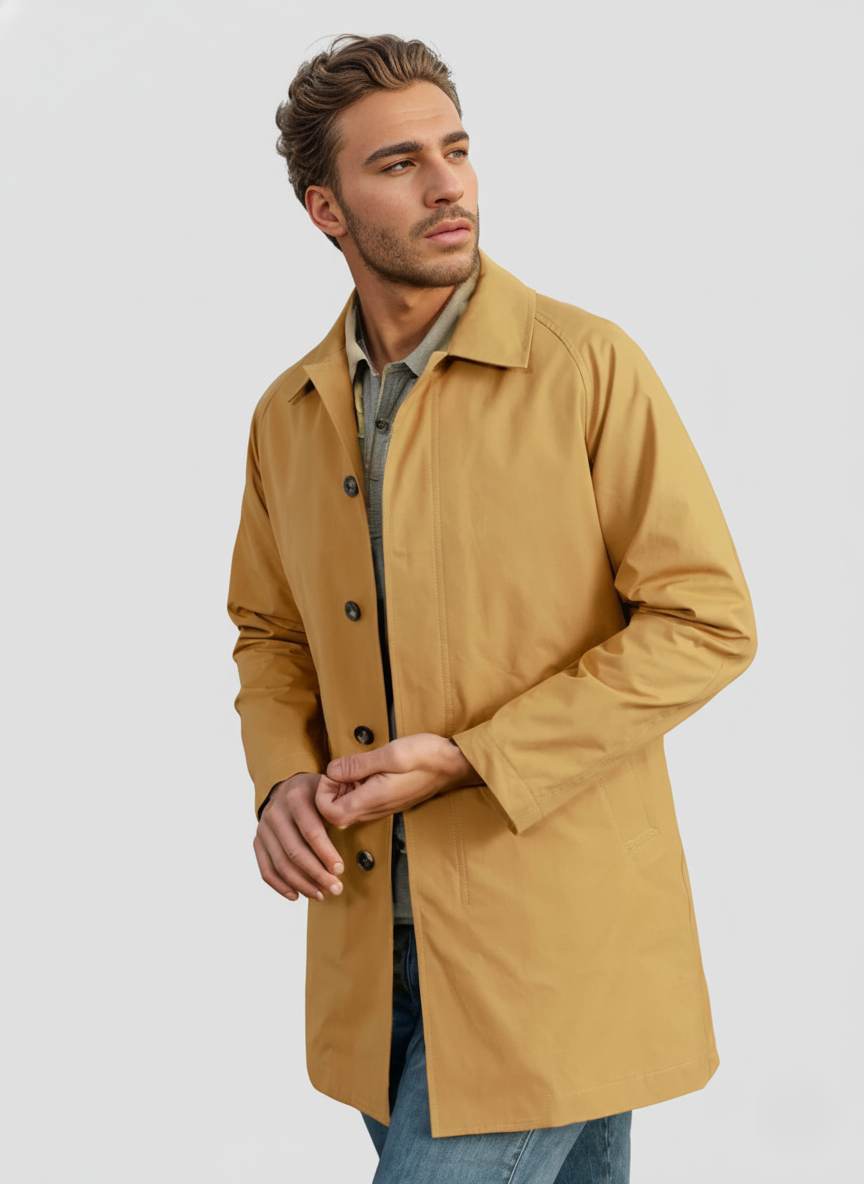 Men's lightweight classic trench coat tailored silhouette button-down outerwear transitional weather