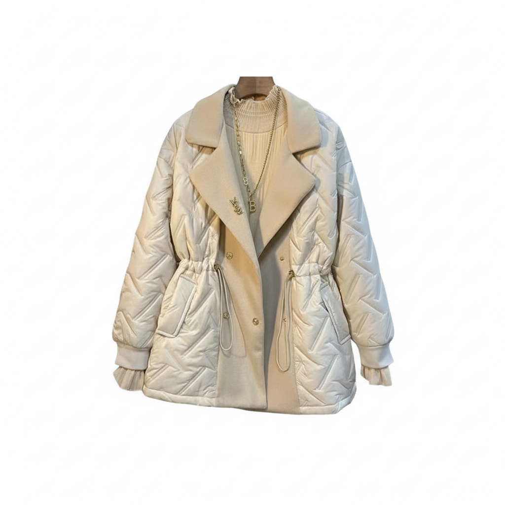Women's quilted double-breasted jacket with drawstring waist, elegant warm winter layer