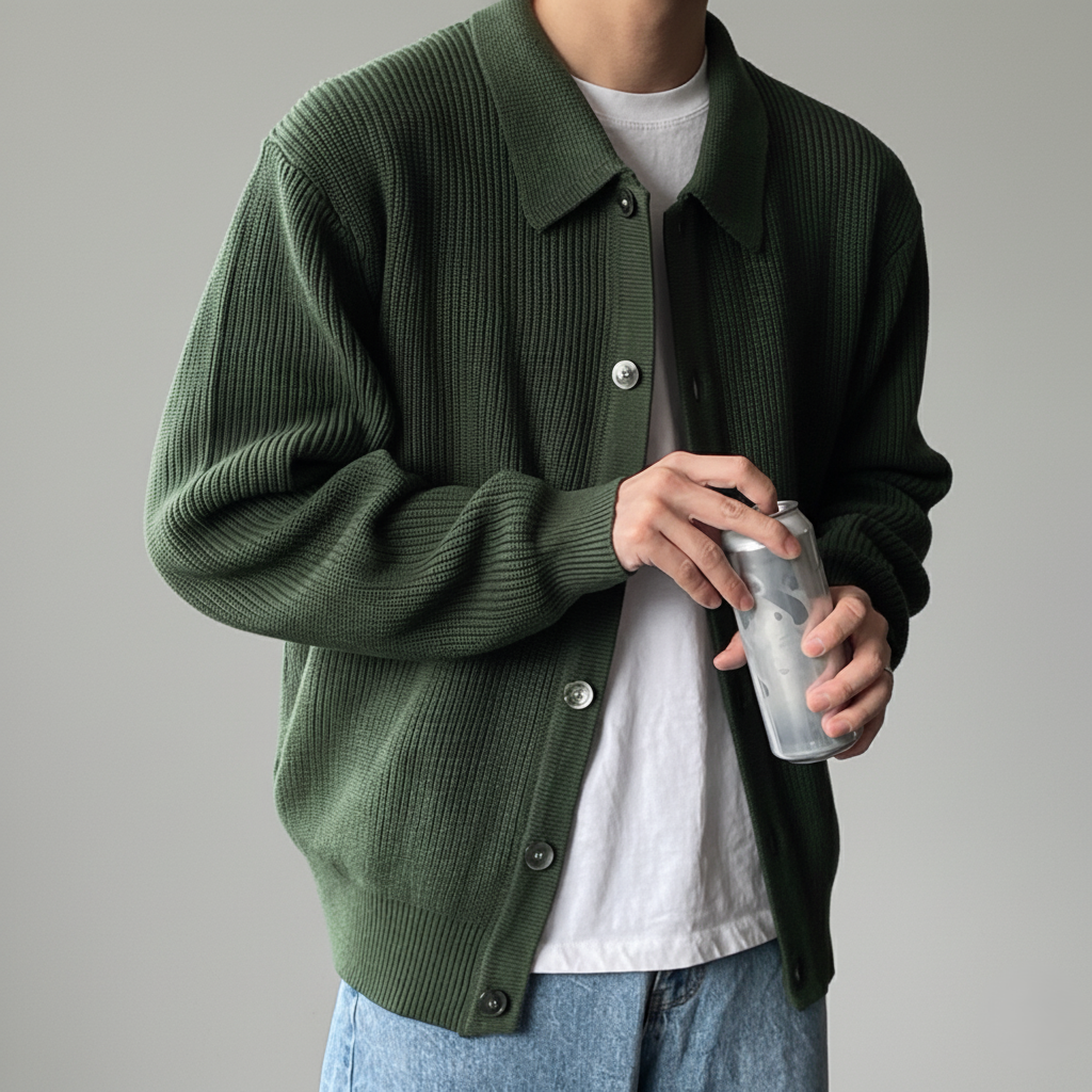 Men's relaxed fit knit cardigan in neutral tone with collared button-down front, cozy winter essential