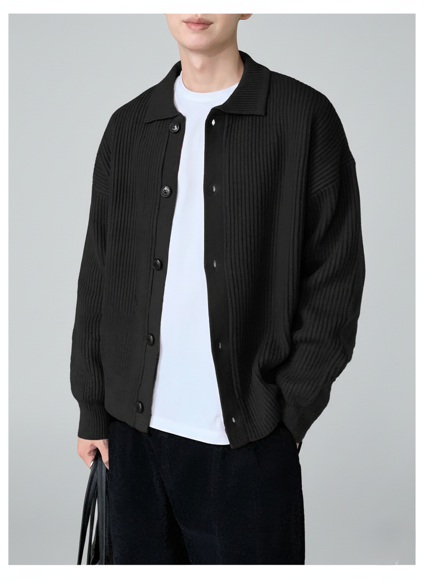 Men's relaxed fit knit cardigan in neutral tone with collared button-down front, cozy fall layering essential